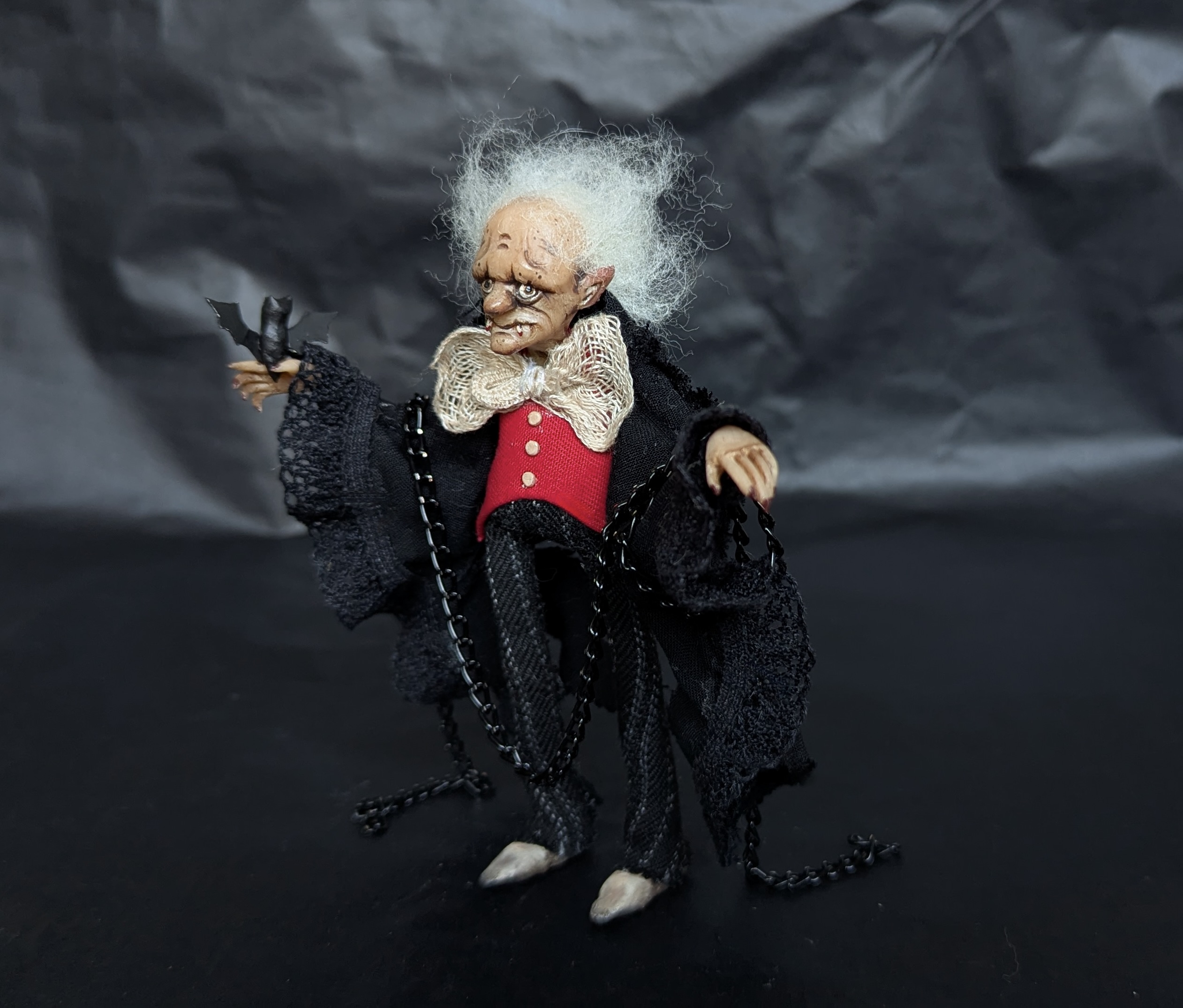 Handmade gothic miniature figure — Small doll Vampire, Acrylic paint, polymer clay, fabric