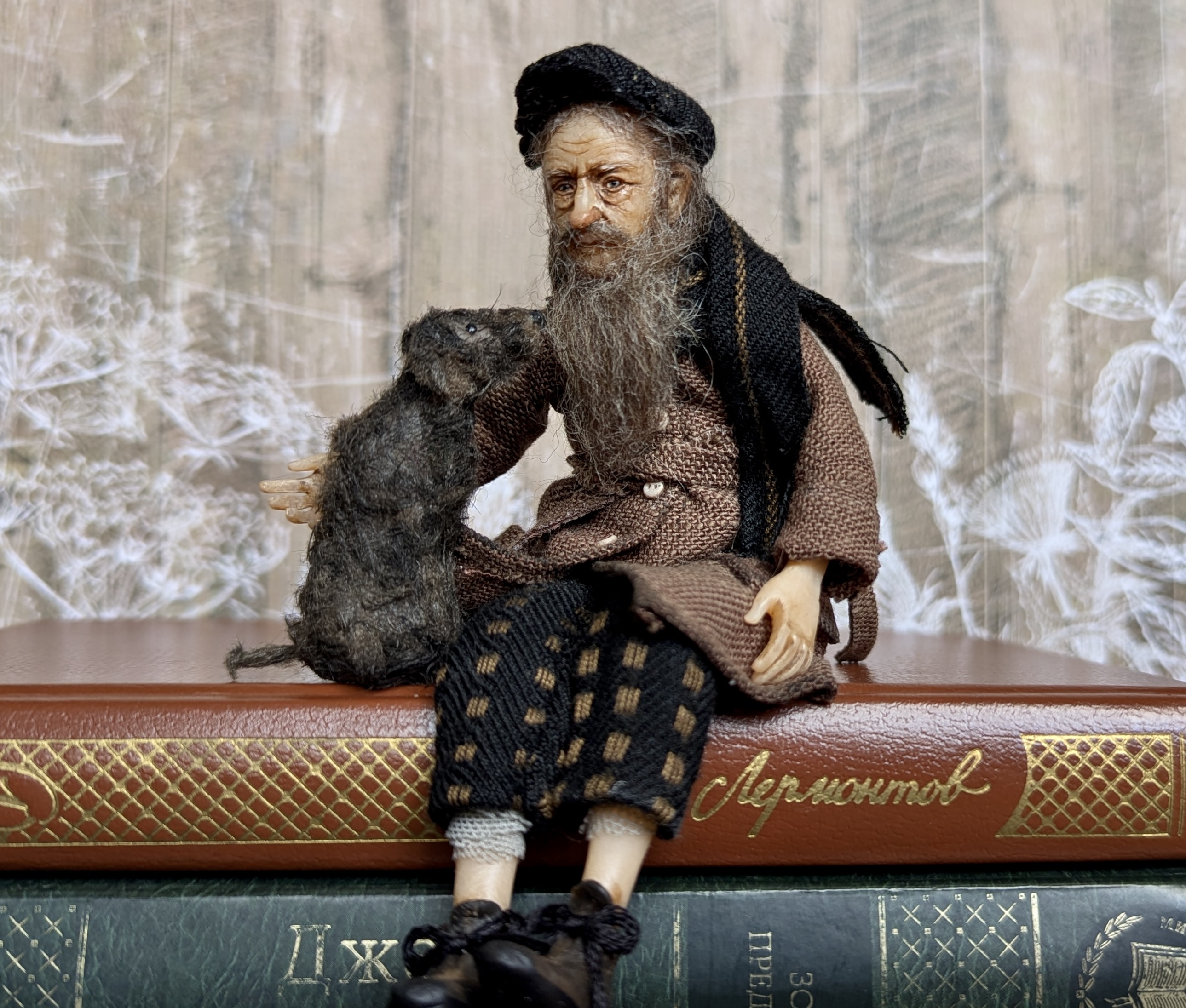 Handmade gothic miniature figure — Small authors doll Man with the dog, polymer clay, acrylics, varnish, wool, fabric, wire