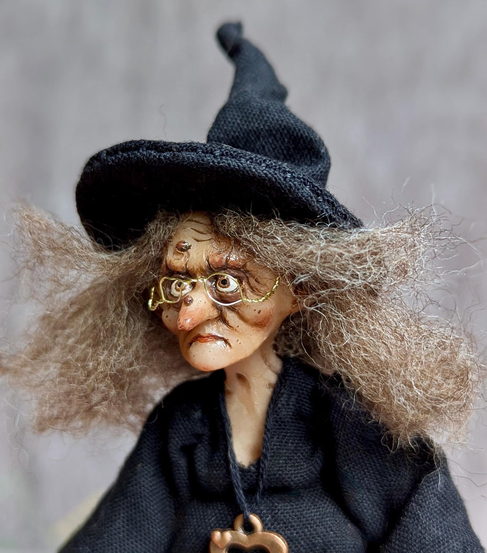 Tiny OOAK Witch Art Doll with Broom and Spell Book