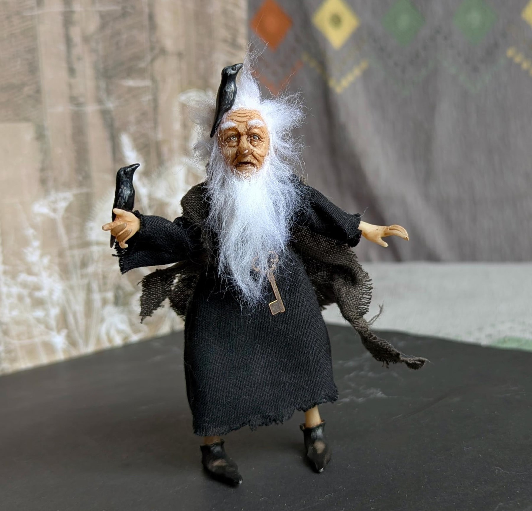 Tiny OOAK Wizard Art Doll with Birds