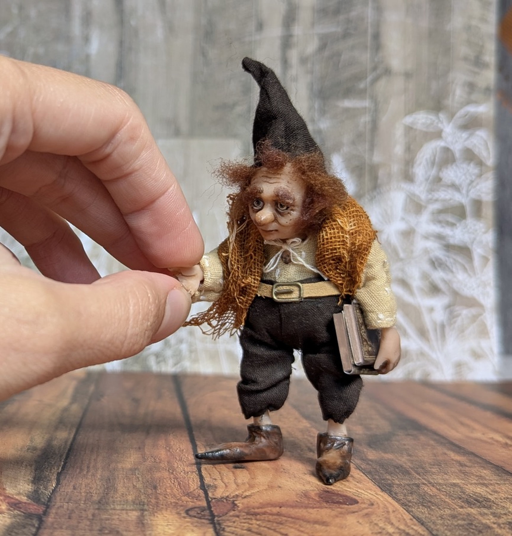 Handmade gothic miniature figure — Small art doll Gnome with books, one-of-a-kind sculpture by Ritunia