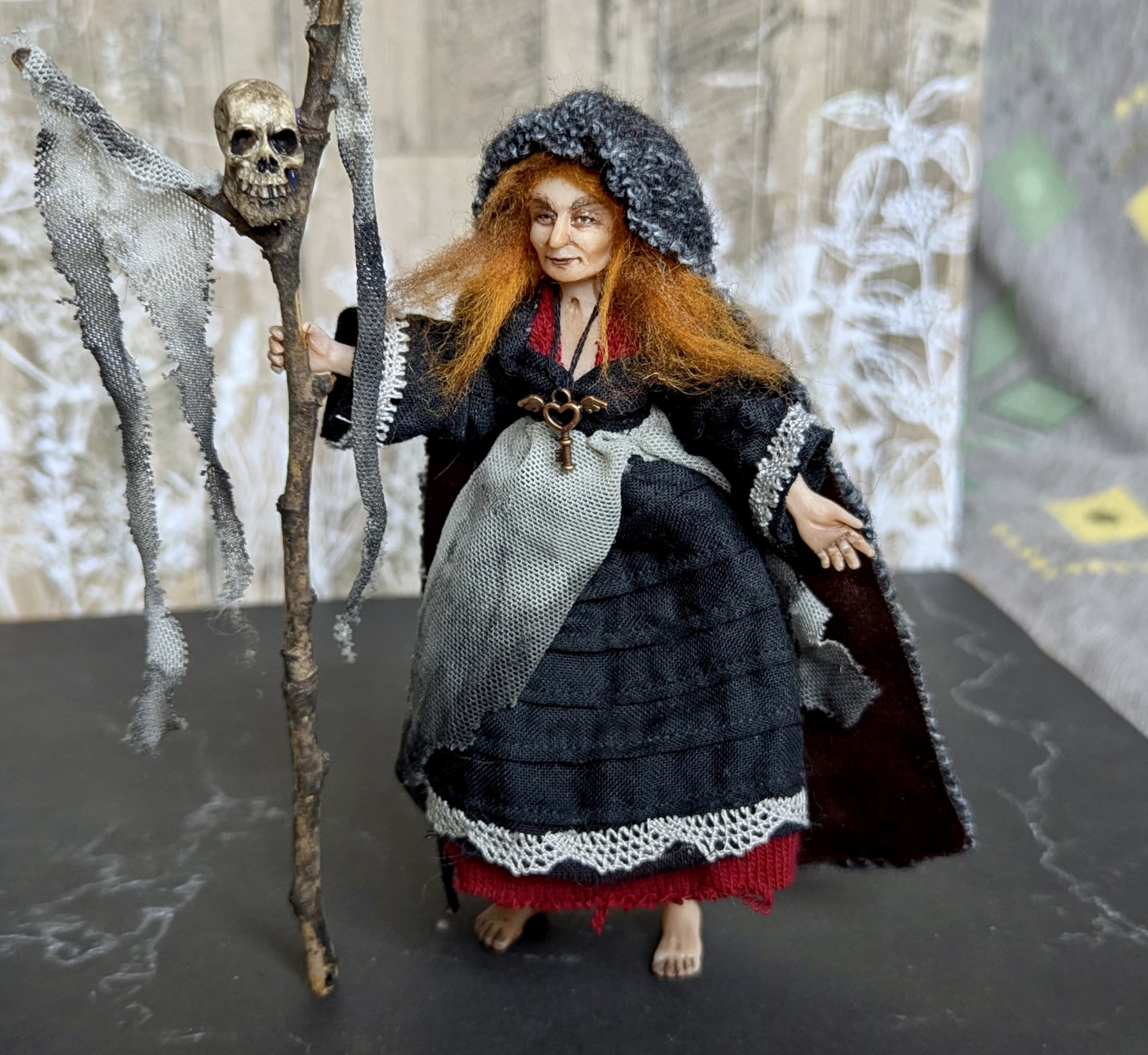 Handmade gothic miniature figure — Small art doll Witch, one-of-a-kind sculpture by Ritunia