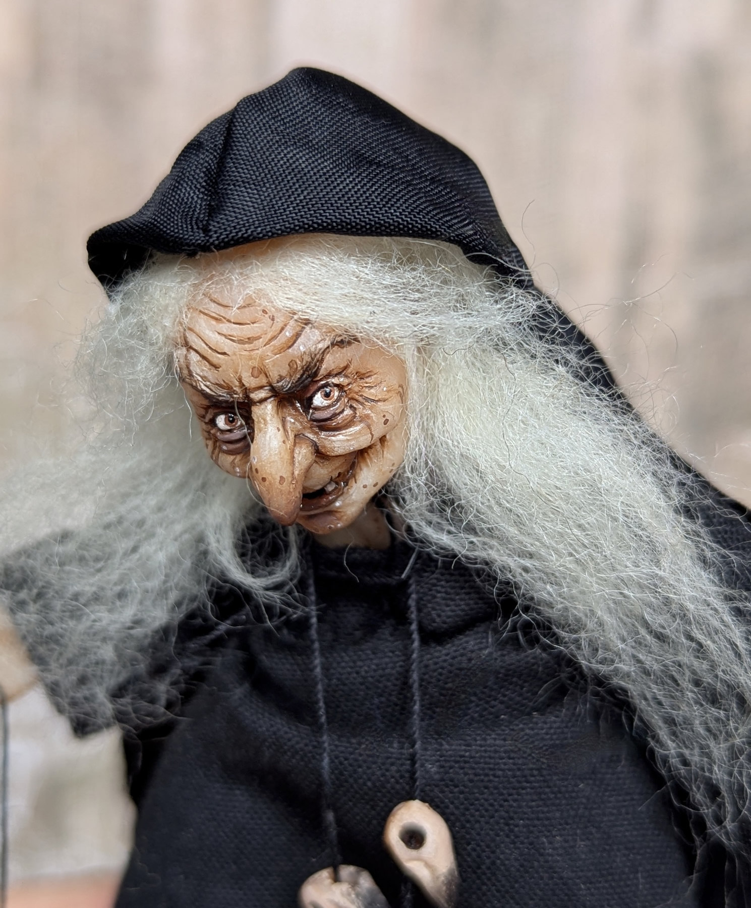 Handmade gothic miniature figure — Small doll Witch, Acrylic paint, polymer clay, fabric, one-of-a-kind sculpture by Ritunia