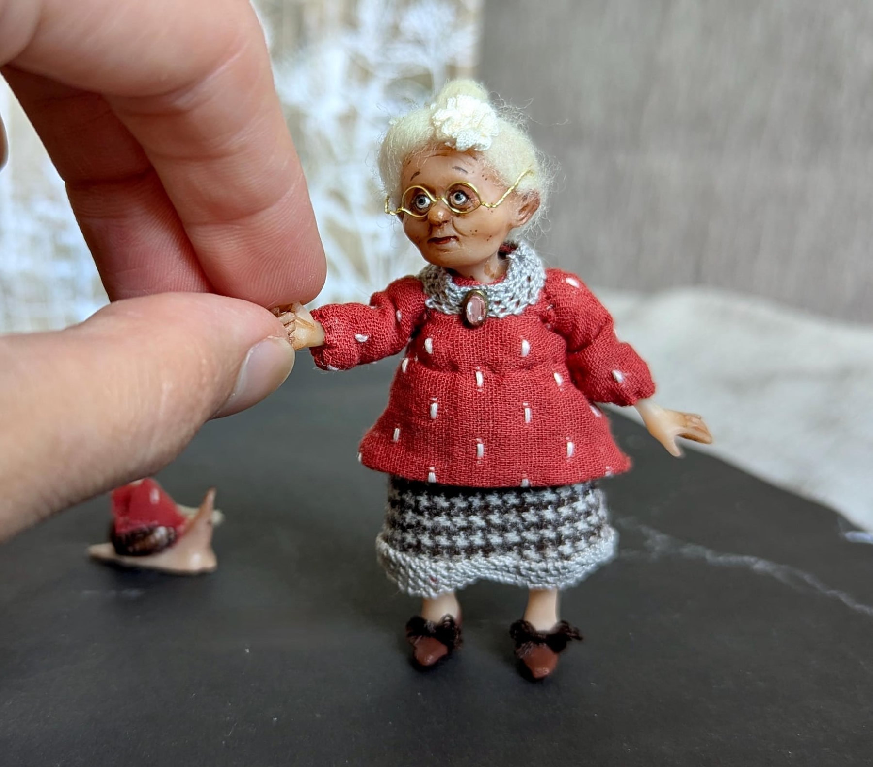 Tiny OOAK Grandma Art Doll with Pet Snail