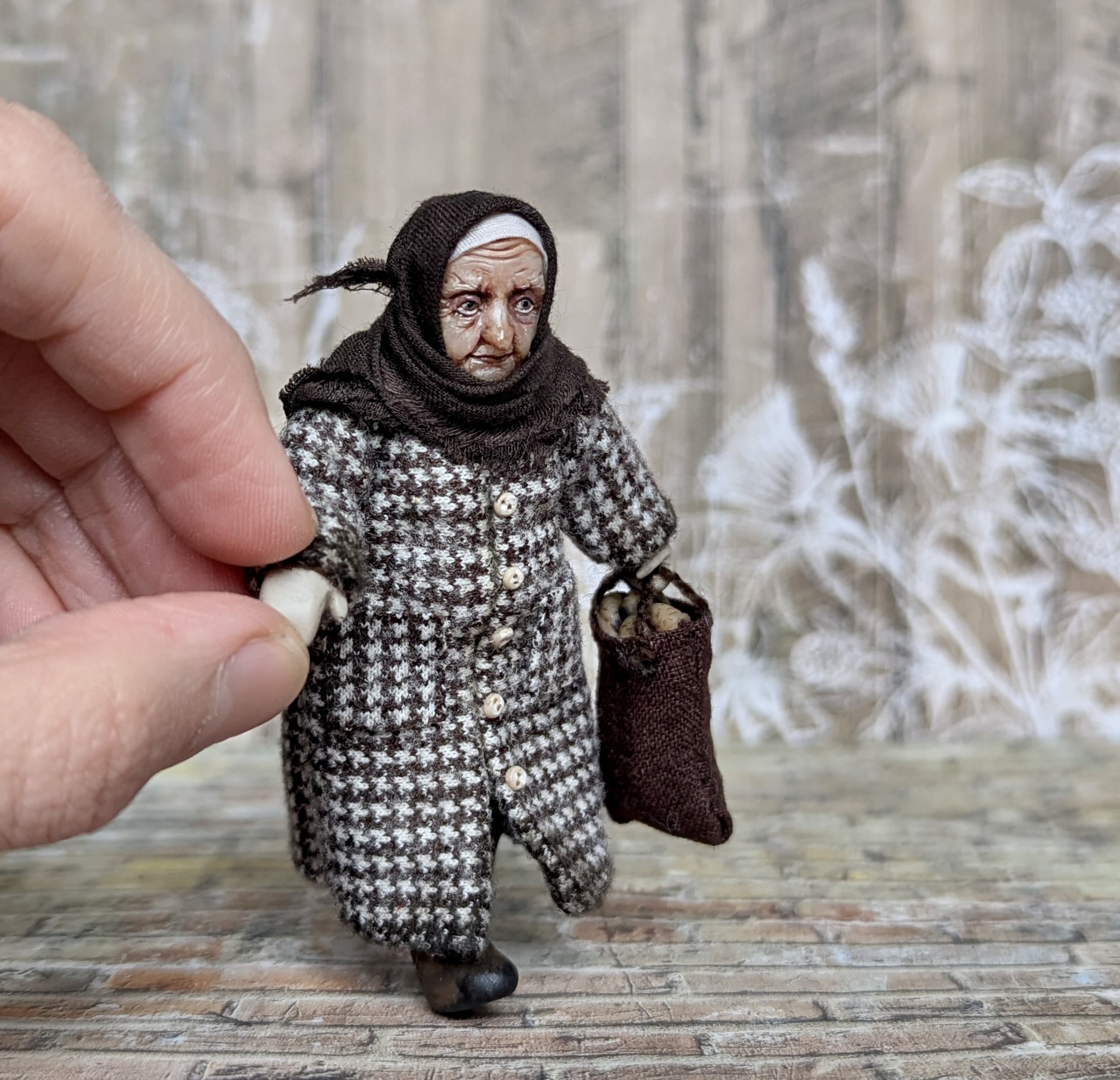 Handmade gothic miniature figure — Small doll Granny, Acrylic paint, polymer clay, fabric, one-of-a-kind sculpture by Ritunia