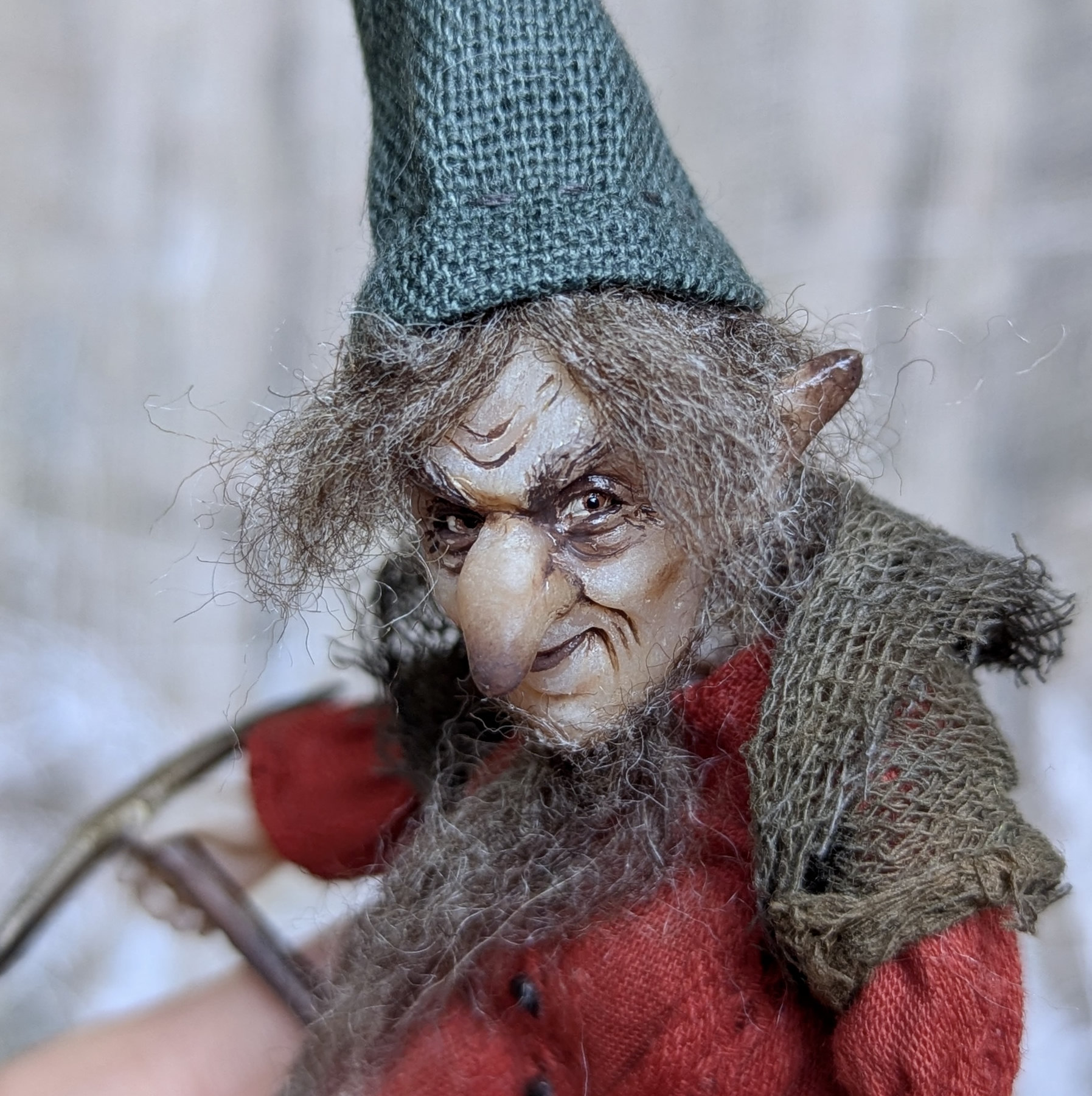 Handmade gothic miniature figure — Small art doll Gnome, Polymer clay, acrylic paint, varnish, wire, fabric, wool