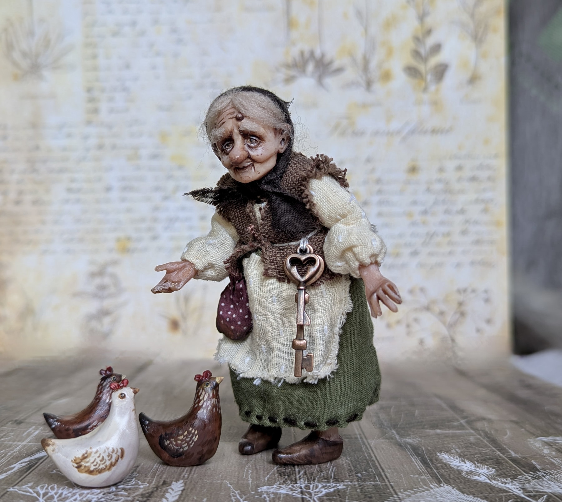 Small art doll Granny with hen
