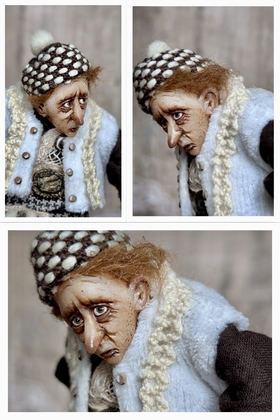 Full-scale view of a handmade gothic miniature — Small art doll Piper (7/15), Acrylic paint, polymer clay, fabric, wool