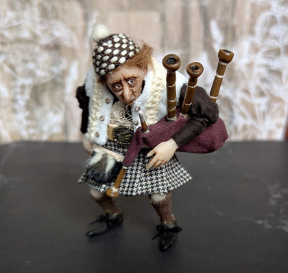 Full-scale view of a handmade gothic miniature — Small art doll Piper (10/15), Acrylic paint, polymer clay, fabric, wool
