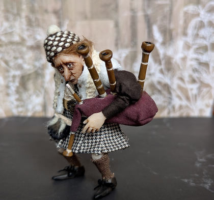 Full-scale view of a handmade gothic miniature — Small art doll Piper (13/15), Acrylic paint, polymer clay, fabric, wool