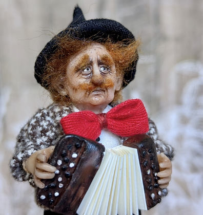 Full-scale view of a handmade gothic miniature — Small art doll Street Musician (5/15), one-of-a-kind sculpture by Ritunia