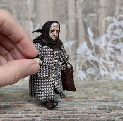 Full-scale view of a handmade gothic miniature — Small doll Granny (1/8), Acrylic paint, polymer clay, fabric