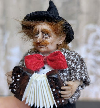 Full-scale view of a handmade gothic miniature — Small art doll Street Musician (7/15), one-of-a-kind sculpture by Ritunia