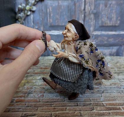 Full-scale view of a handmade gothic miniature — Granny with the bird (1/8), polymer clay, fabric, acrylics, varnish, wool
