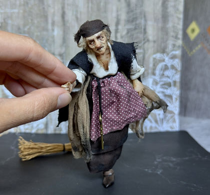 Full-scale view of a handmade gothic miniature — Small doll Baba Yaga (12/14), one-of-a-kind sculpture by Ritunia