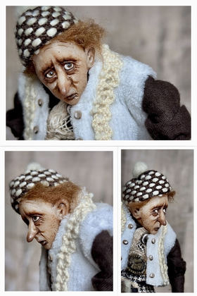 Full-scale view of a handmade gothic miniature — Small art doll Piper (4/15), Acrylic paint, polymer clay, fabric, wool