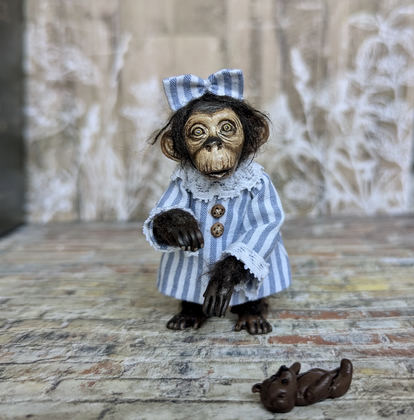 Full-scale view of a handmade gothic miniature — Small art doll Monkey (5/9), one-of-a-kind sculpture by Ritunia