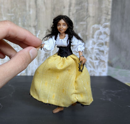 Full-scale view of a handmade gothic miniature — Small art doll Esmeralda (4/15), one-of-a-kind sculpture by Ritunia