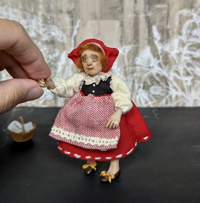 Full-scale view of a handmade gothic miniature — Small art doll Red riding hood (7/9), one-of-a-kind sculpture by Ritunia