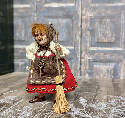 Close-up detail of a handmade gothic miniature — Small doll Baba Yaga, one-of-a-kind sculpture by Ritunia