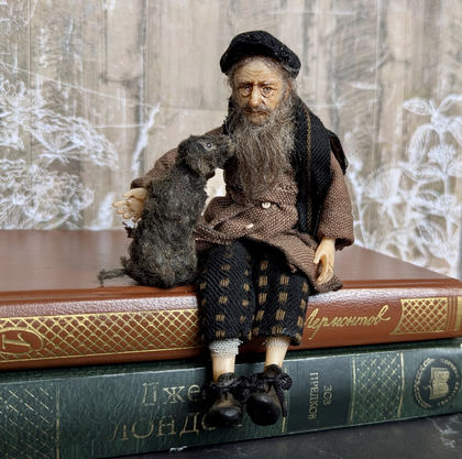 Full-scale view of a handmade gothic miniature — Small authors doll Man with the dog (12/15)