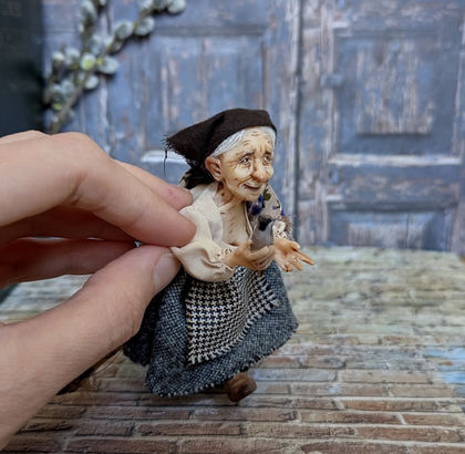 Full-scale view of a handmade gothic miniature — Granny with the bird (7/8), polymer clay, fabric, acrylics, varnish, wool