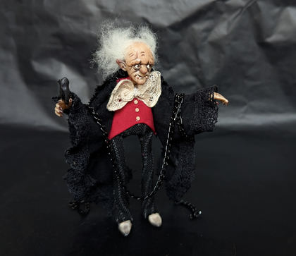 Full-scale view of a handmade gothic miniature — Small doll Vampire (6/10), Acrylic paint, polymer clay, fabric
