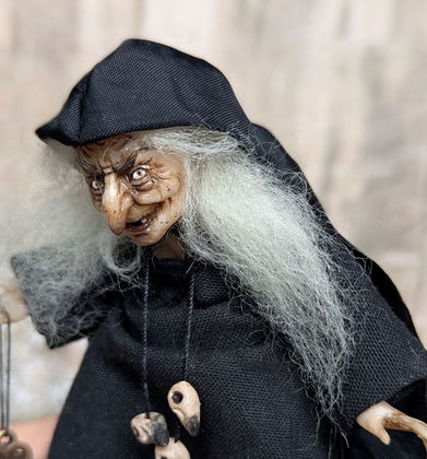 Full-scale view of a handmade gothic miniature — Small doll Witch (10/16), Acrylic paint, polymer clay, fabric