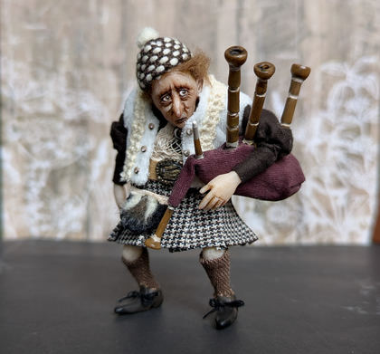 Full-scale view of a handmade gothic miniature — Small art doll Piper (1/15), Acrylic paint, polymer clay, fabric, wool