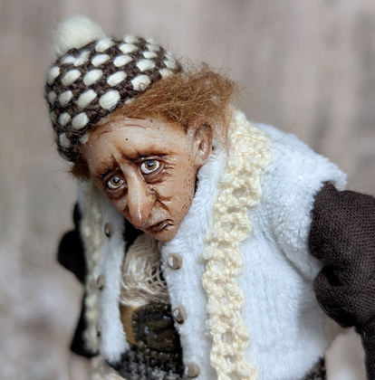 Full-scale view of a handmade gothic miniature — Small art doll Piper (15/15), Acrylic paint, polymer clay, fabric, wool