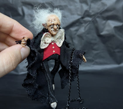 Full-scale view of a handmade gothic miniature — Small doll Vampire (3/10), Acrylic paint, polymer clay, fabric