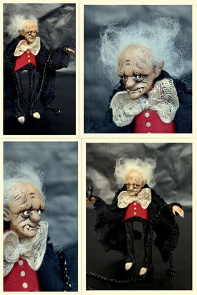 Full-scale view of a handmade gothic miniature — Small doll Vampire (10/10), Acrylic paint, polymer clay, fabric