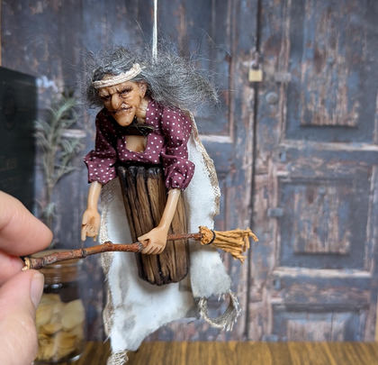OOAK Baba Yaga Art Doll in Mortar with Broom
