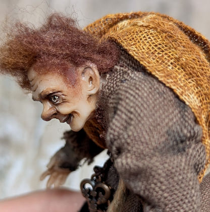 Full-scale view of a handmade gothic miniature — Small art doll Quazimodo (1/11), one-of-a-kind sculpture by Ritunia