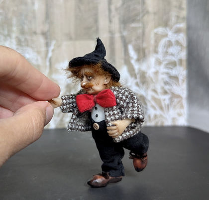 Full-scale view of a handmade gothic miniature — Small art doll Street Musician (12/15), one-of-a-kind sculpture by Ritunia