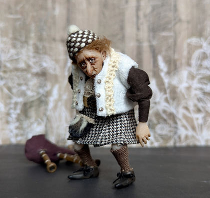 Full-scale view of a handmade gothic miniature — Small art doll Piper (8/15), Acrylic paint, polymer clay, fabric, wool
