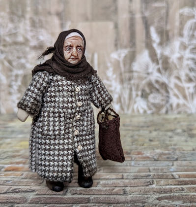 Full-scale view of a handmade gothic miniature — Small doll Granny (4/8), Acrylic paint, polymer clay, fabric