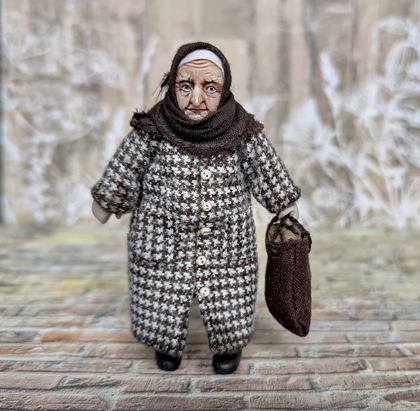 Full-scale view of a handmade gothic miniature — Small doll Granny (3/8), Acrylic paint, polymer clay, fabric