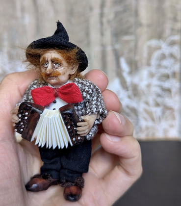 Full-scale view of a handmade gothic miniature — Small art doll Street Musician (13/15), one-of-a-kind sculpture by Ritunia