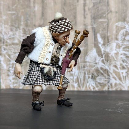 Full-scale view of a handmade gothic miniature — Small art doll Piper (9/15), Acrylic paint, polymer clay, fabric, wool