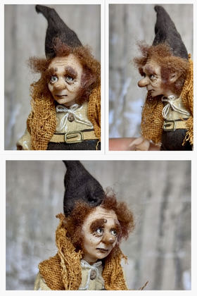 Full-scale view of a handmade gothic miniature — Small art doll Gnome with books (12/12), one-of-a-kind sculpture by Ritunia