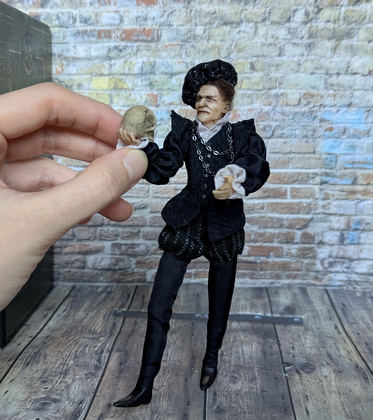 Full-scale view of a handmade gothic miniature — Small art doll Hamlet (6/8), Acrylic paint, polymer clay, fabric, wool