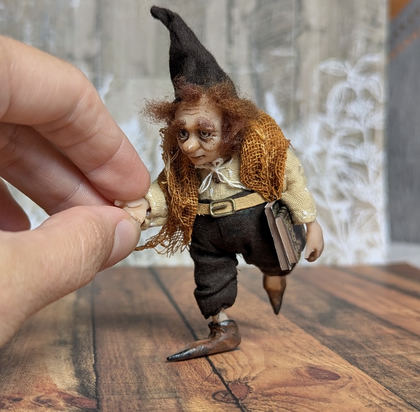 Full-scale view of a handmade gothic miniature — Small art doll Gnome with books (2/12), one-of-a-kind sculpture by Ritunia