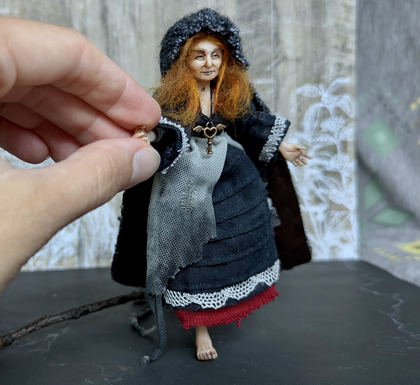 Full-scale view of a handmade gothic miniature — Small art doll Witch (8/9), one-of-a-kind sculpture by Ritunia