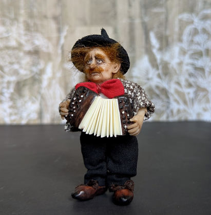 Full-scale view of a handmade gothic miniature — Small art doll Street Musician (4/15), one-of-a-kind sculpture by Ritunia
