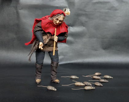 Full-scale view of a handmade gothic miniature — Small art doll Pied Piper (3/12), one-of-a-kind sculpture by Ritunia