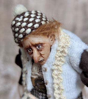 Full-scale view of a handmade gothic miniature — Small art doll Piper (2/15), Acrylic paint, polymer clay, fabric, wool