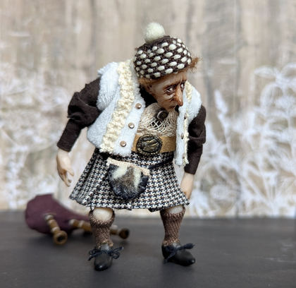 Full-scale view of a handmade gothic miniature — Small art doll Piper (3/15), Acrylic paint, polymer clay, fabric, wool