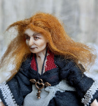 Full-scale view of a handmade gothic miniature — Small art doll Witch (7/9), one-of-a-kind sculpture by Ritunia