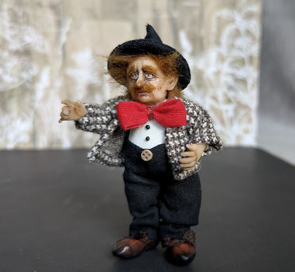 Full-scale view of a handmade gothic miniature — Small art doll Street Musician (8/15), one-of-a-kind sculpture by Ritunia